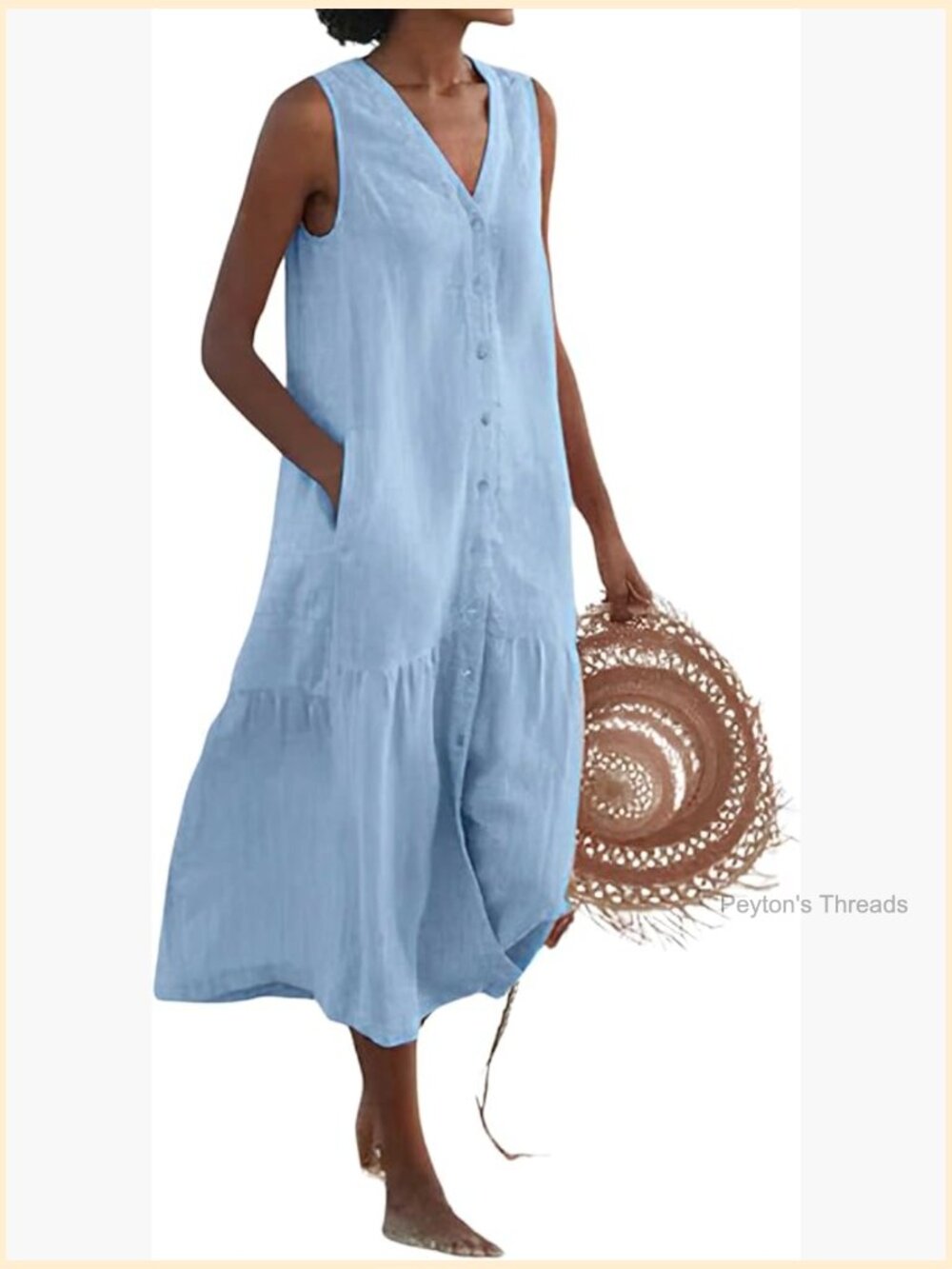 Sleeveless Button Down Cotton Tank Dress Loose A-Line Tiered Tunic Beach Dress